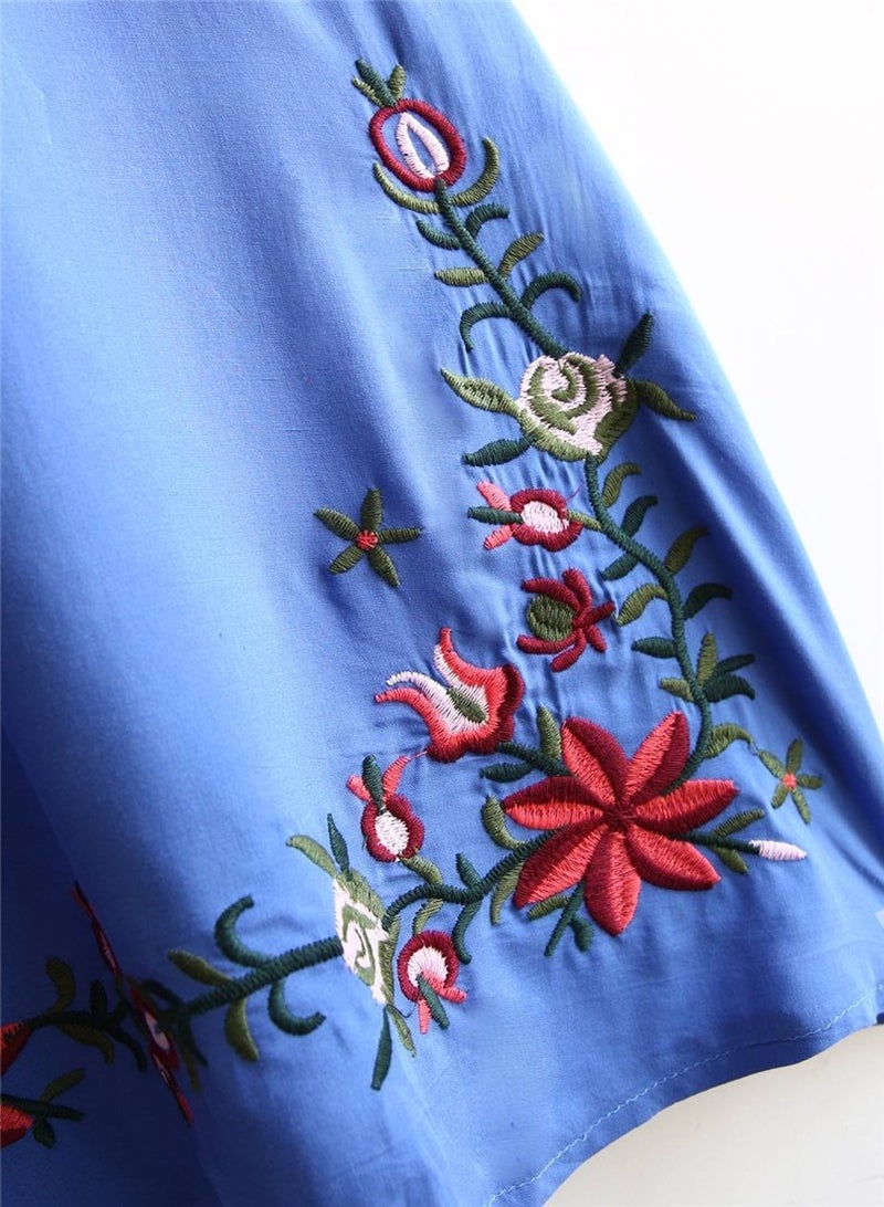 Kafeimali Women's Summer Mini Dress Bohemian Embroidery Tunic Shift Blouse (Blue) - Image 4